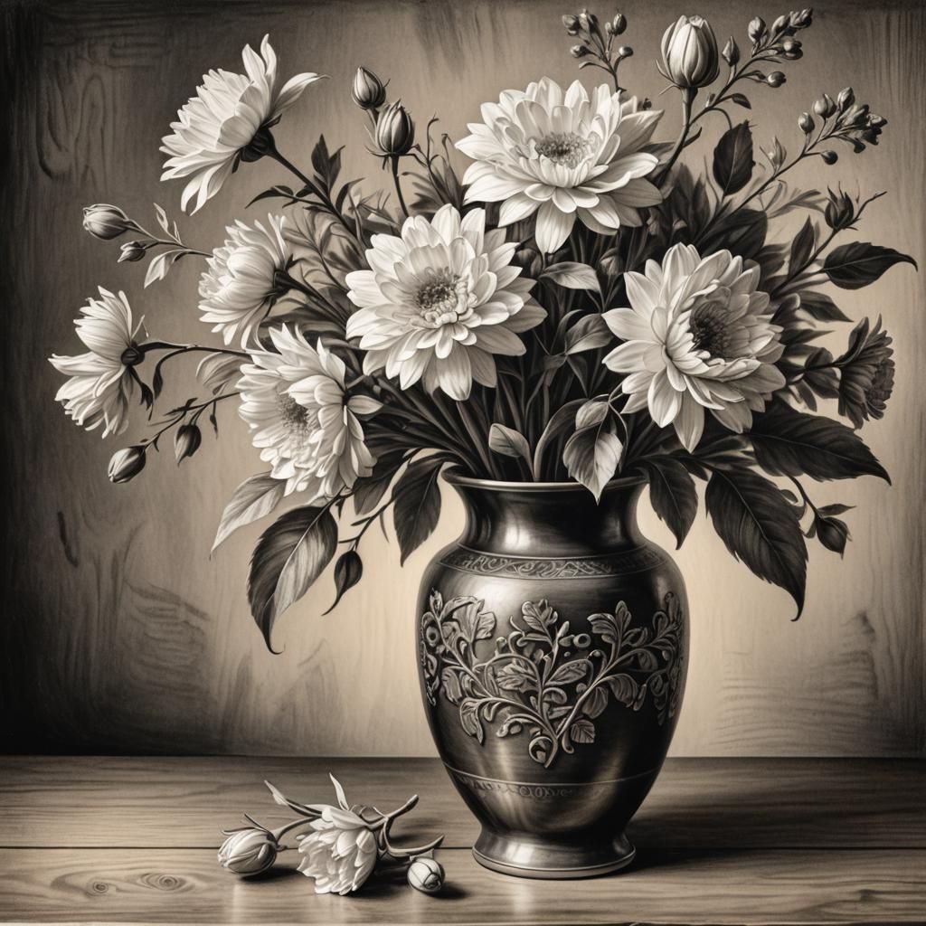 Photorealistic Charcoal Drawing of Vase with Flowers