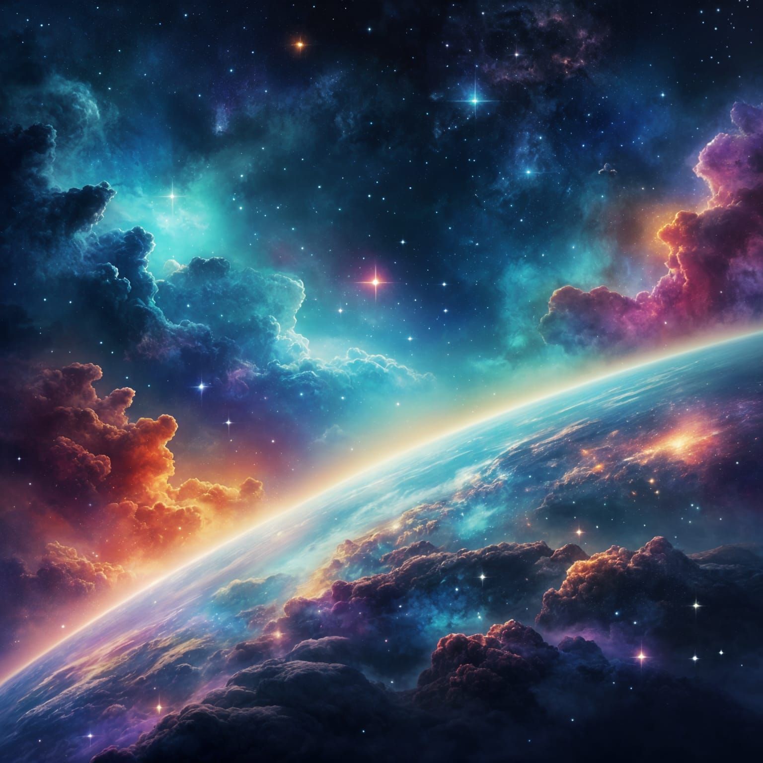 Colorful Nebulae and Stars in Watercolor Style