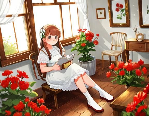 Teenager in Lace Dress with Red Geraniums