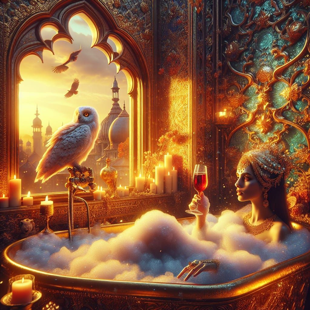 Woman in Gold Bathtub at Sunset: Fantasy Art