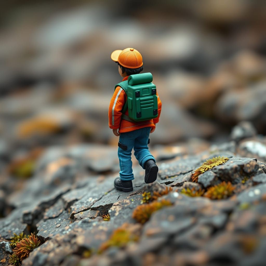 Miniature Hiker in Detailed, Textured Landscape