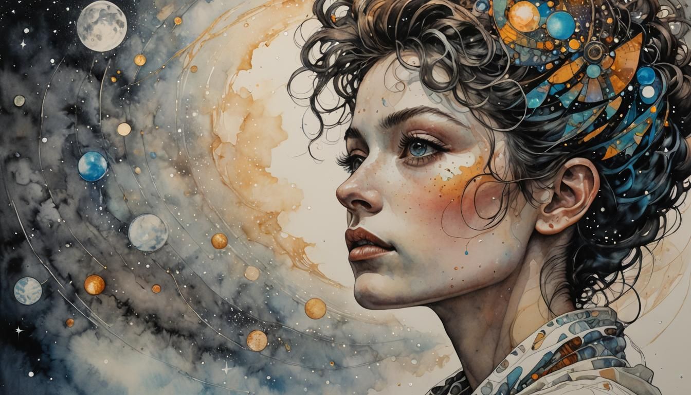 Dreamer Gazing at Stars in Kinetic Pointillism Style