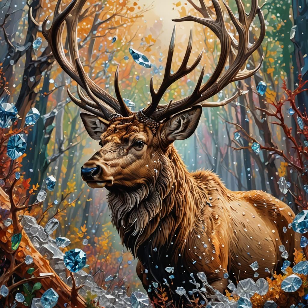 Diamond Rocky Mountain Elk: Hyperrealistic Splash Art