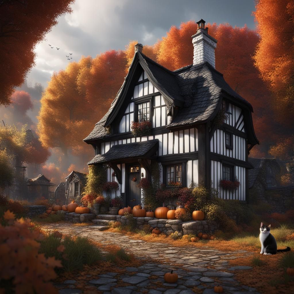 Autumn Cottage Behind Cat: Detailed Matte Painting