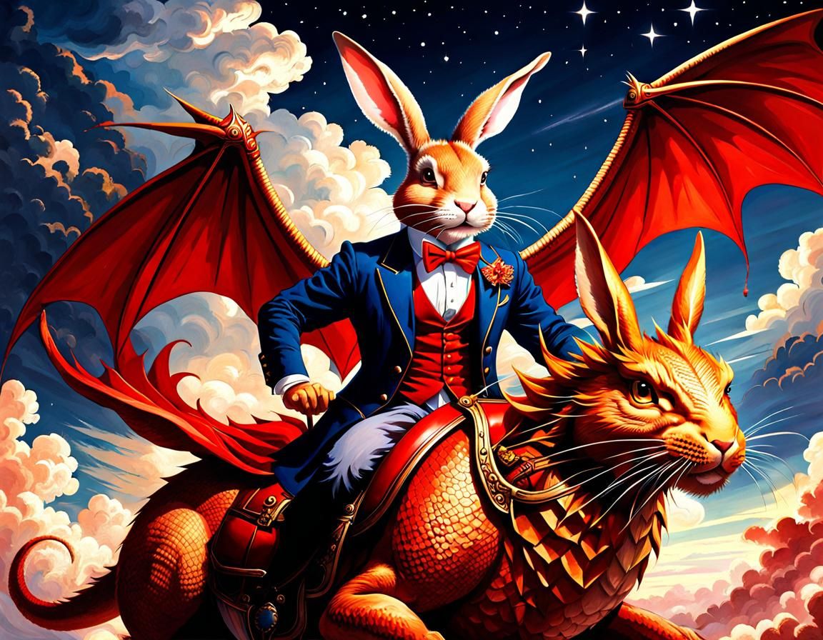 Rabbit Riding a Red Dragon in the Sky
