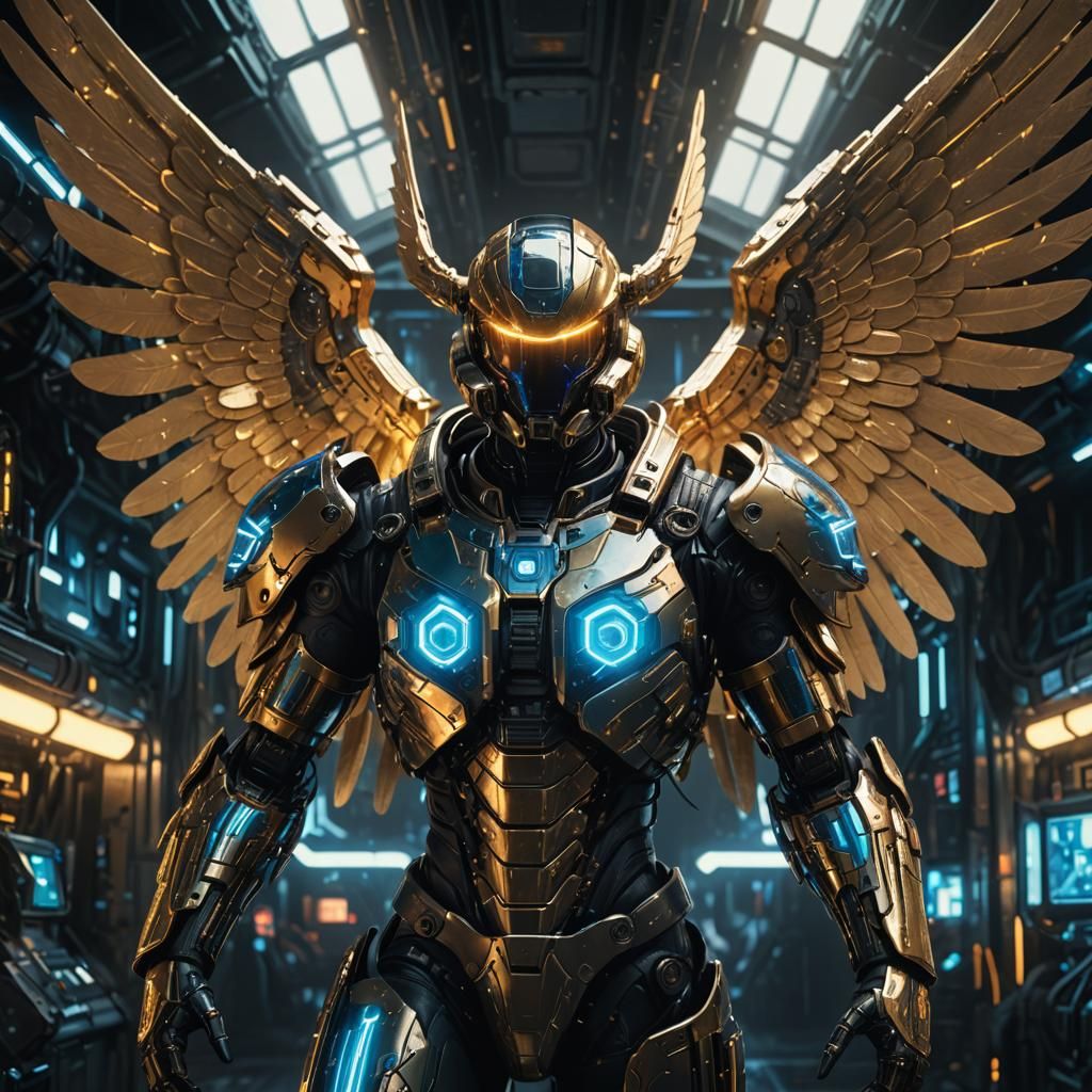 Cyberpunk Angel with Golden Wings in Neon Noir