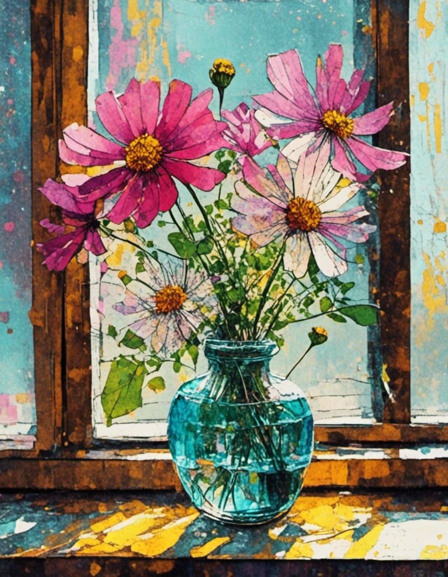 yellow and pink petaled cosmos flowers : a clear glass vase ...