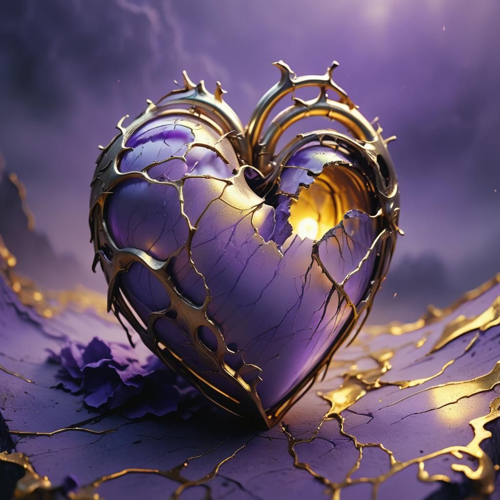 Broken Heart with Golden Lines in Beksiński Style