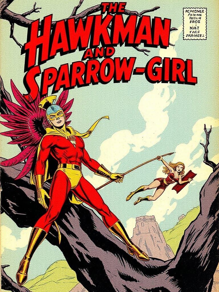 Comic Book Heroes Hawkman and Sparrow-Girl in Action