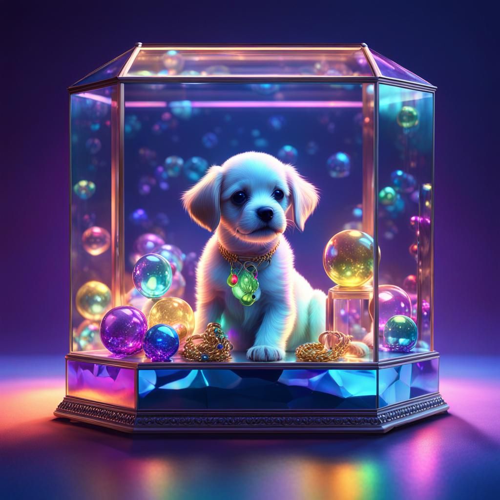 Puppy in Glass Box with Iridescent Jewelry