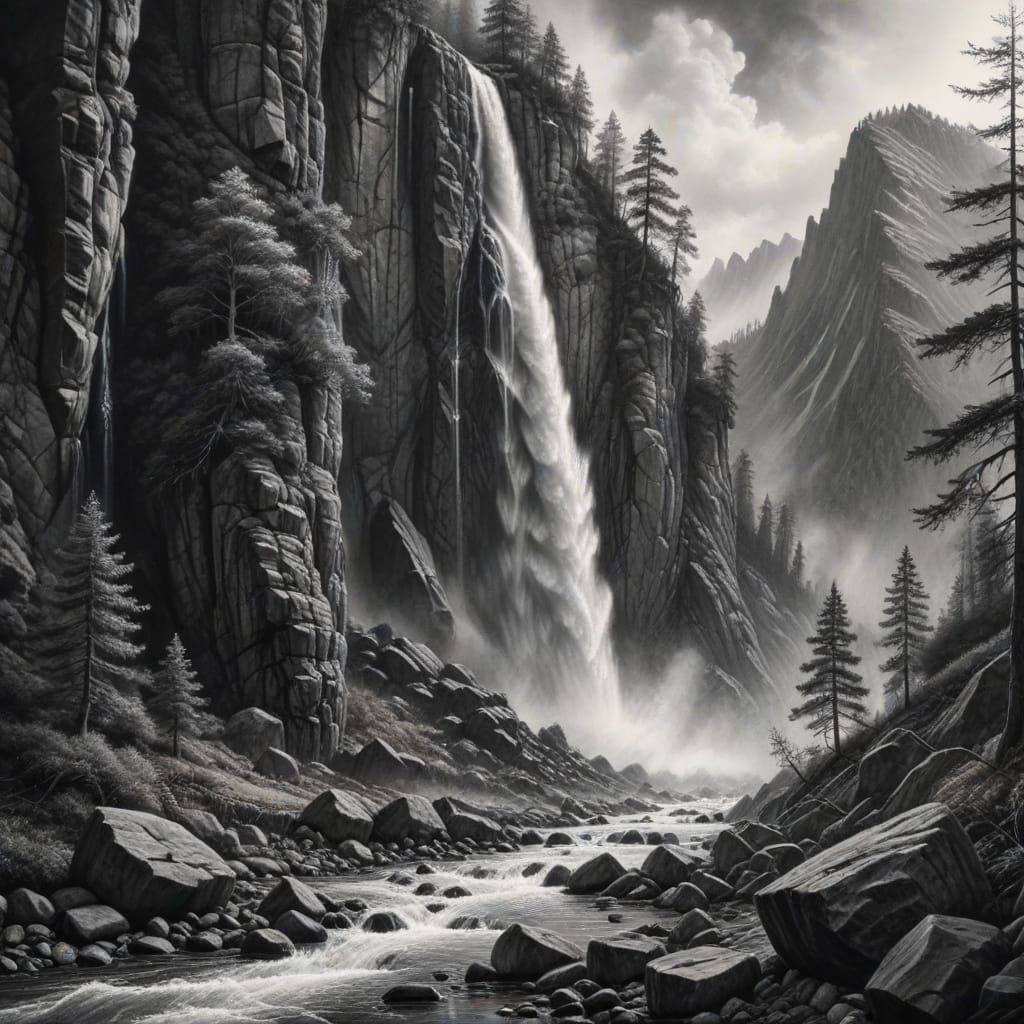 Charcoal Drawing of Mountain Landscape with Graphite Waterfa...