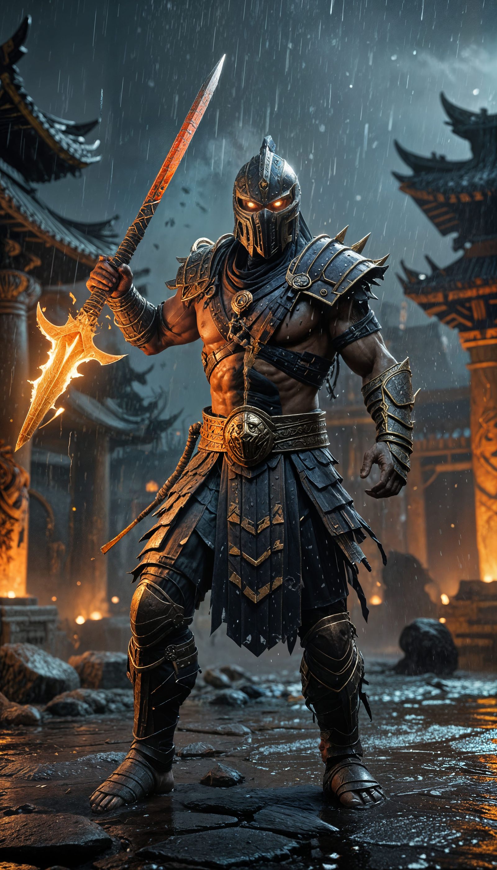 Victorious Kotal Kahn in Rain-Soaked Temple