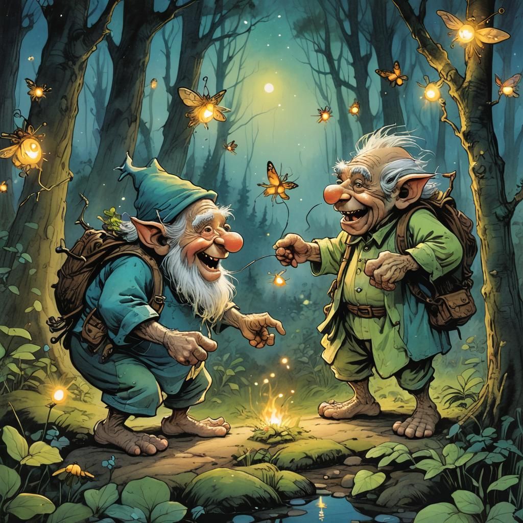 Laughing Troll Couple Chasing Fireflies, Arthur Rackham Styl...