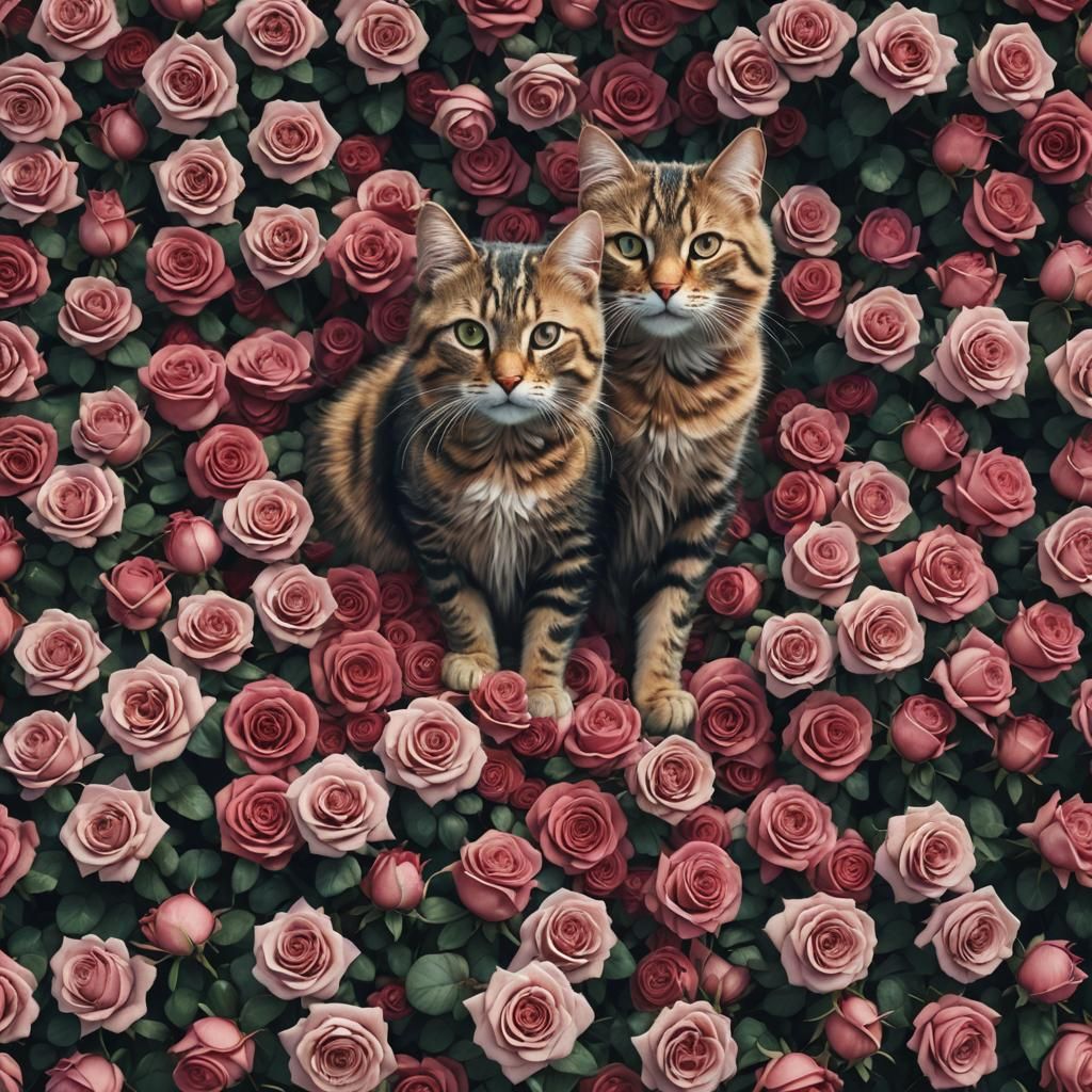Whimsical Feline Amidst Vibrant Roses