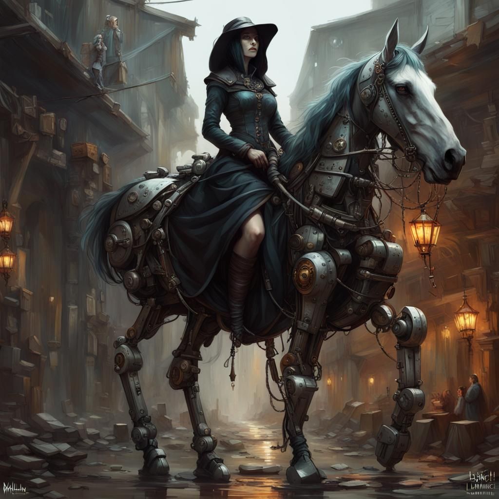 Medieval Witch Rides Cyber Horse in Dramatic Lighting