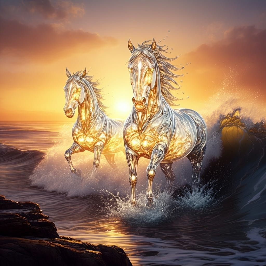 Majestic Seawater Horses Emerging from Ocean Wave