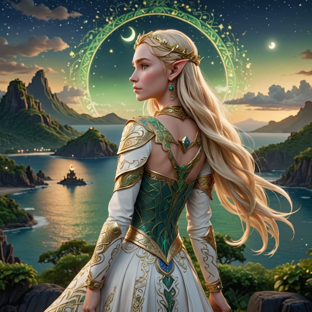 Elven Princess Gazing at Starry Island: 3D Art