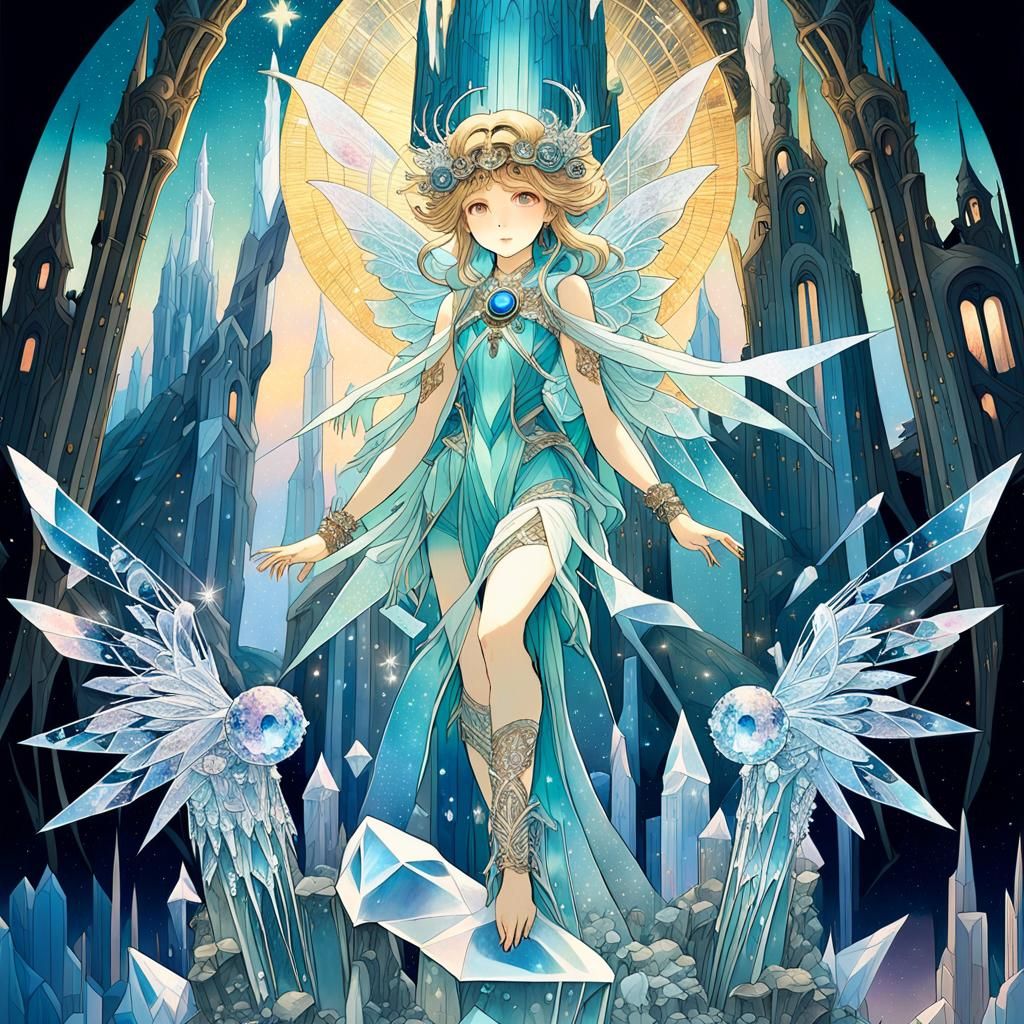 16k resolution, art by Yoshitaka Amano, Alphonse Mucha, Ethereal, dreamlike landscape entirely made of various crystals,...