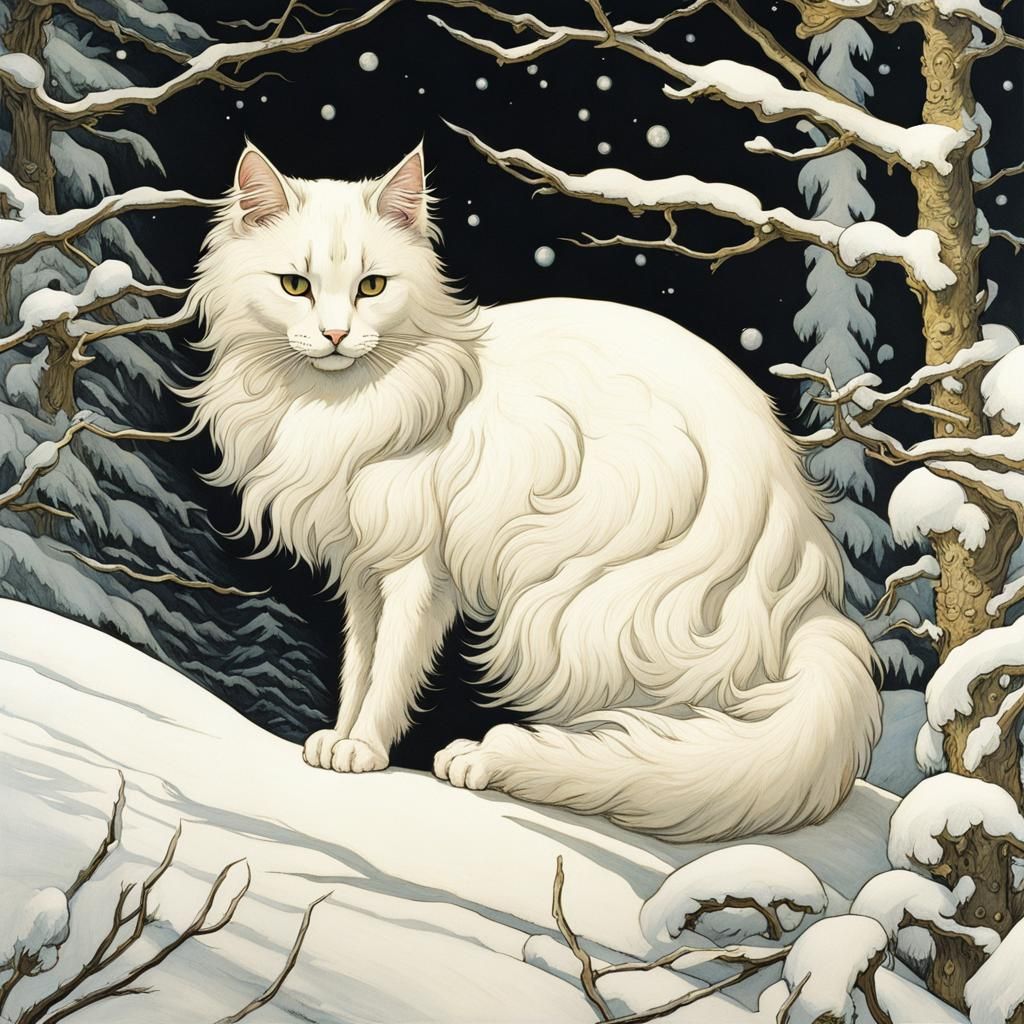 White Cat in Snow, Arthur Rackham Style