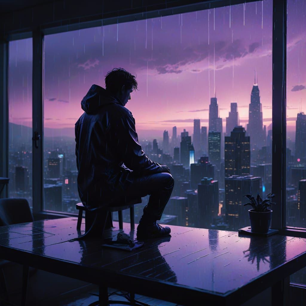 Tiny Man Watches Pale Winter Sunset Over Cityscape