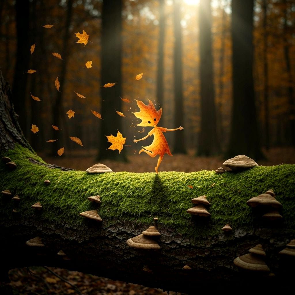 Ethereal Autumn Leaf Spirit Dancing in Forest Sunlight