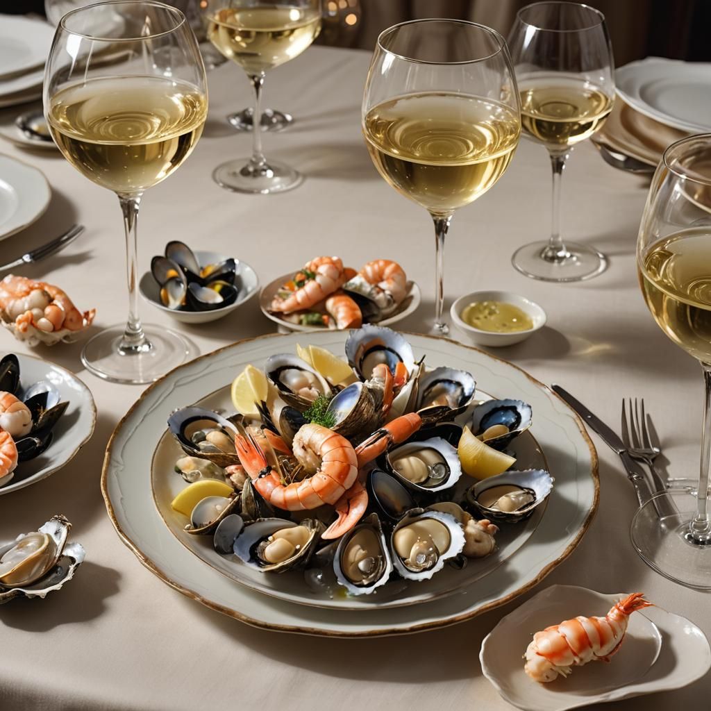 Seafood and Wine Still Life with Ambient Lighting