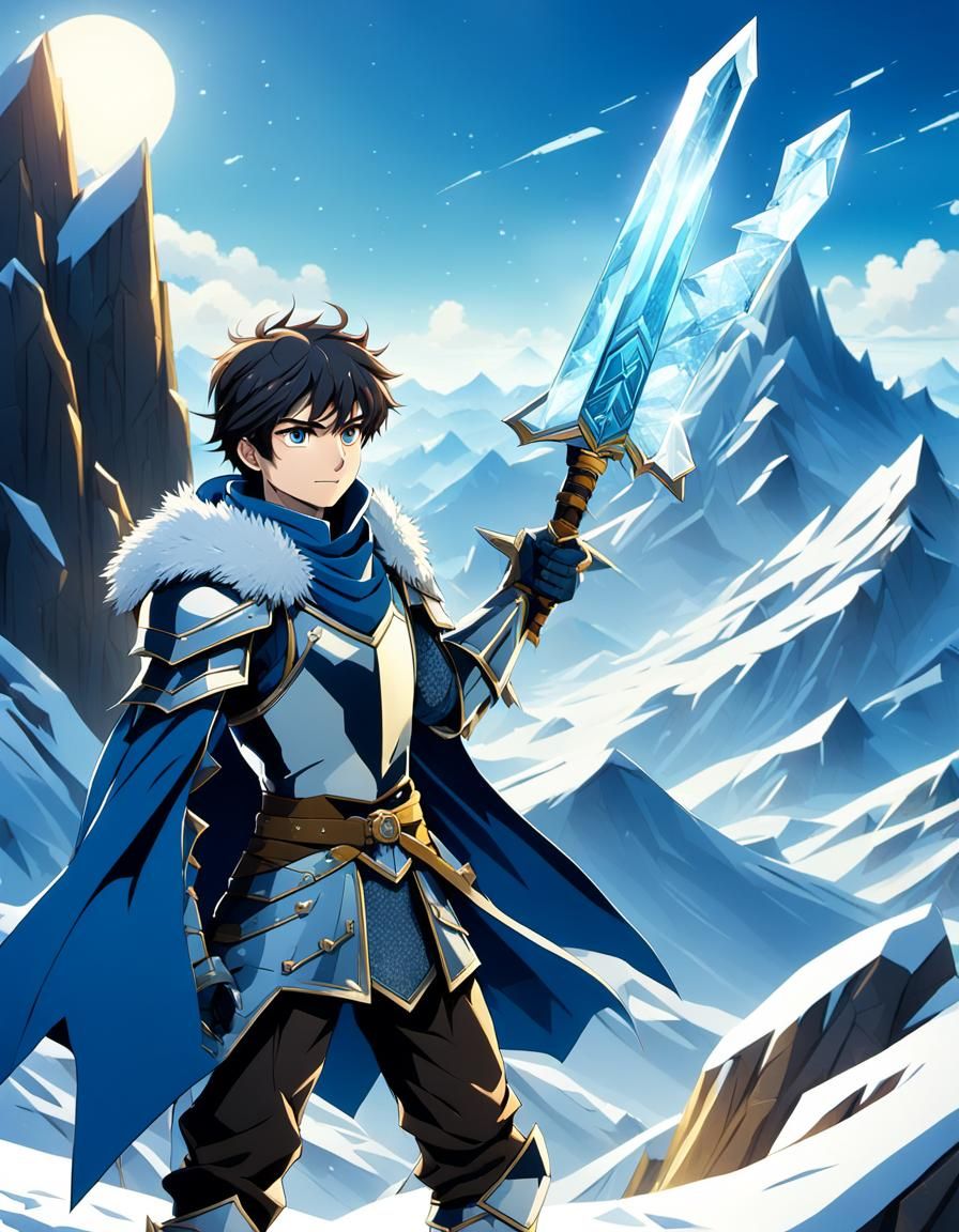 Vibrant Anime Knight Stands Victorious on Snowy Peak