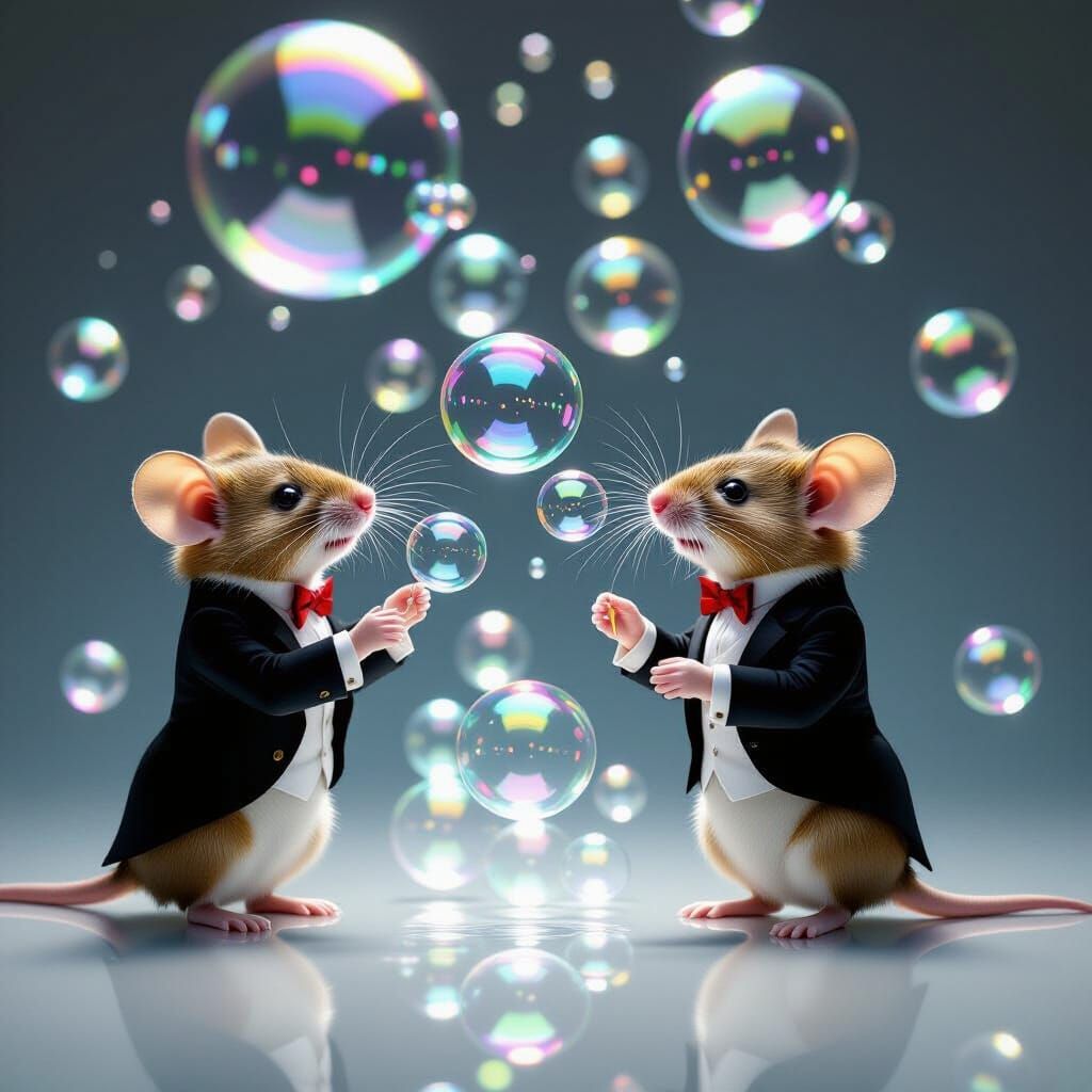 Mice Blow Soap Bubbles: Photorealistic Digital Art