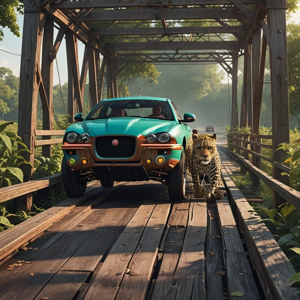 Neon Jaguar Drives to Bingo Barn, Hyperrealistic