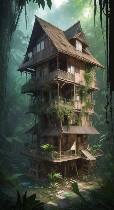 Jungle House Abandoned: Astral Cosmic Illustration