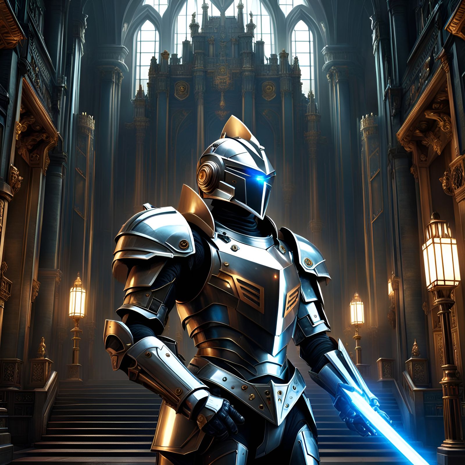 Retrofuturistic Knight Guarding Art Deco Castle