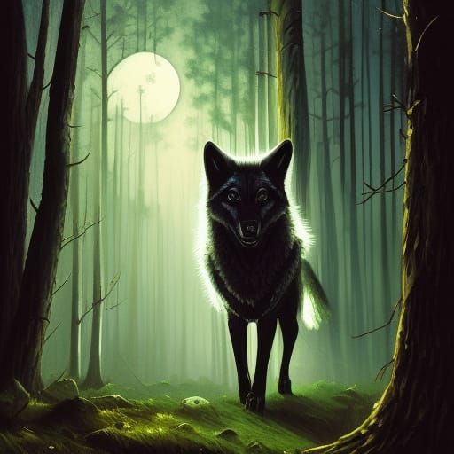 Wolf in Forest at Night: Dark Fantasy Concept Art