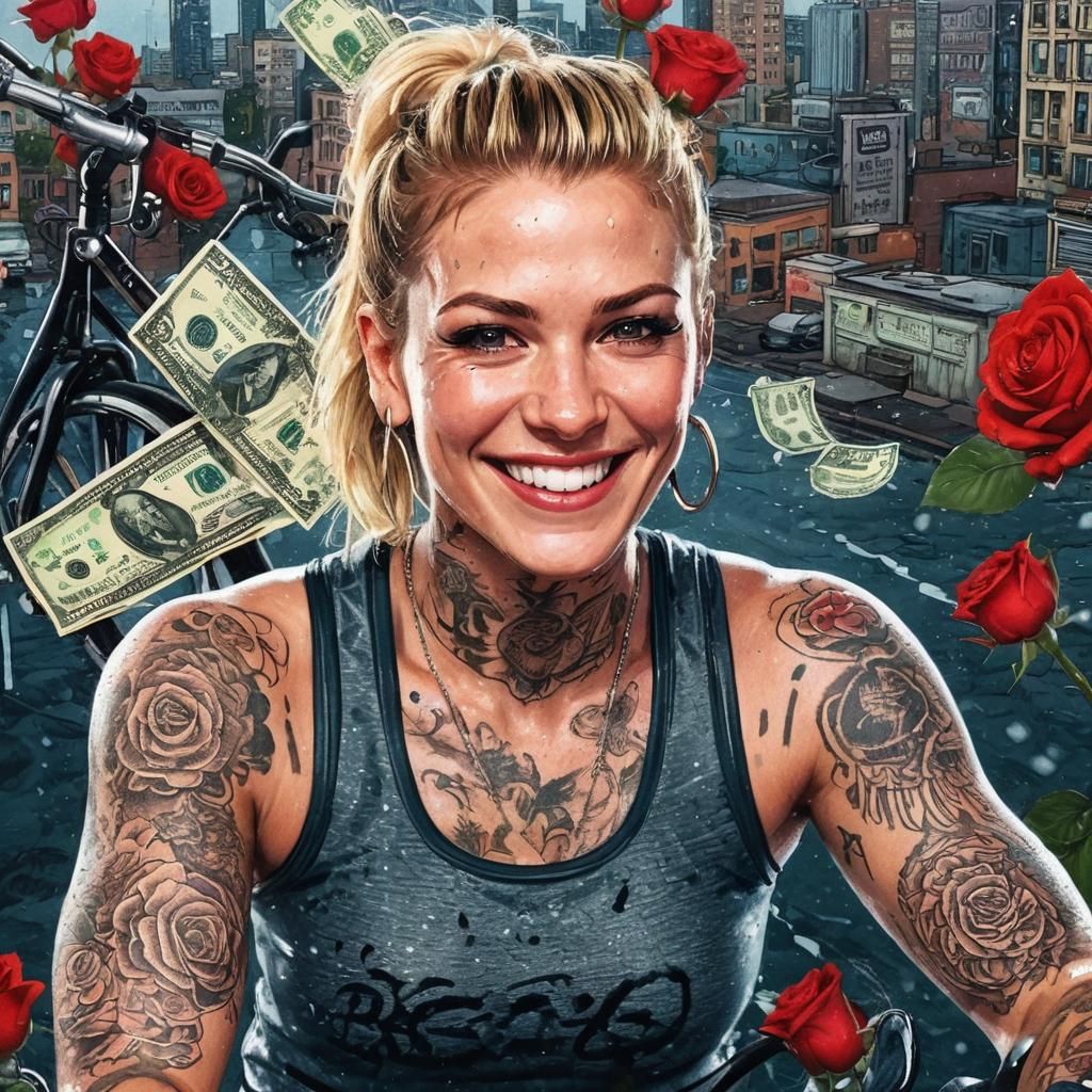 Happy Tattooed Woman on Exercise Bike, Comic Book Art