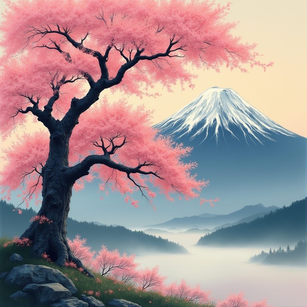 Blossoming Sakura in Front of Majestic Mt. Fuji