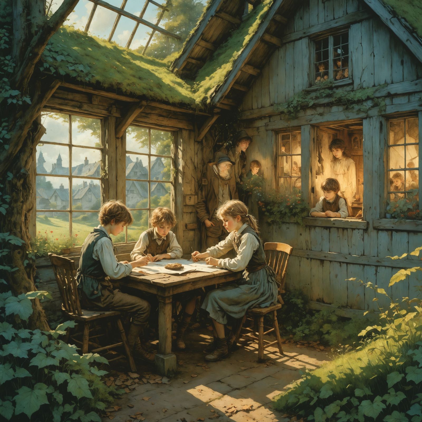 Whimsical Village Scene in Deep, Rich Colors