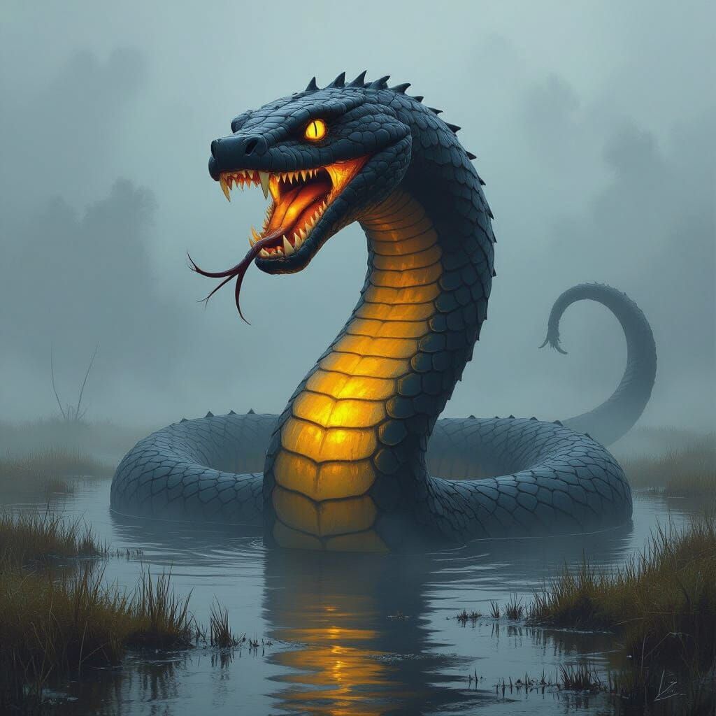 Mystical Serpent in Swedish Marsh, Dark Fantasy Art