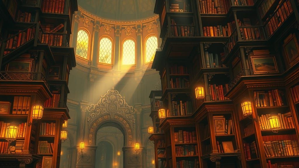 Mystical Library with Impressionist Lighting and Artifacts