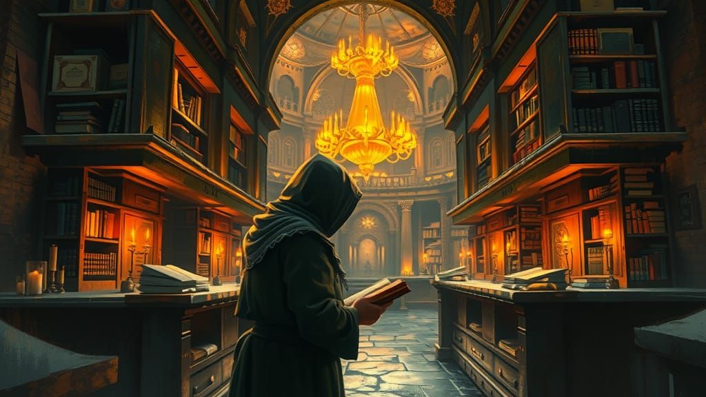 Mystical Library with Gleaming Stone, Klimt-Inspired Art