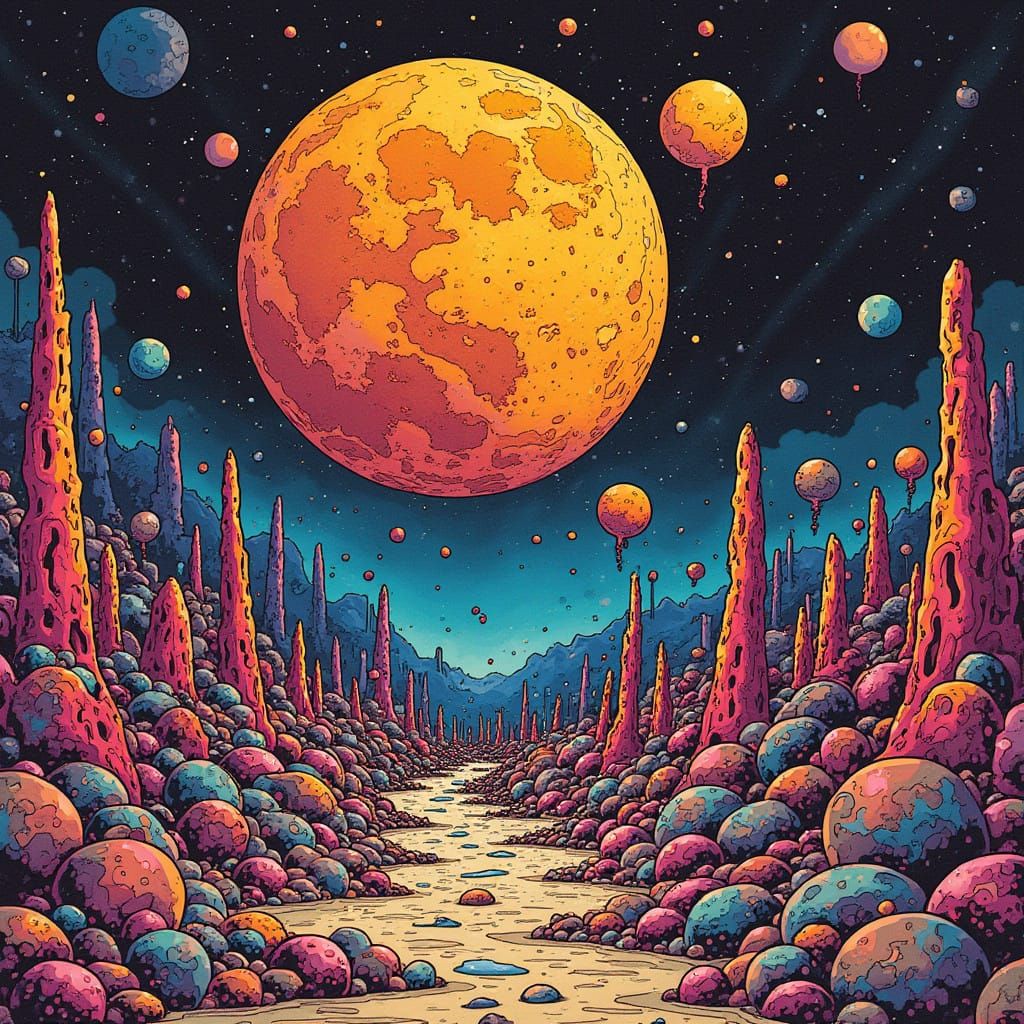 Vibrant Post-apocalyptic Landscape in Kaleidoscopic Pointill...