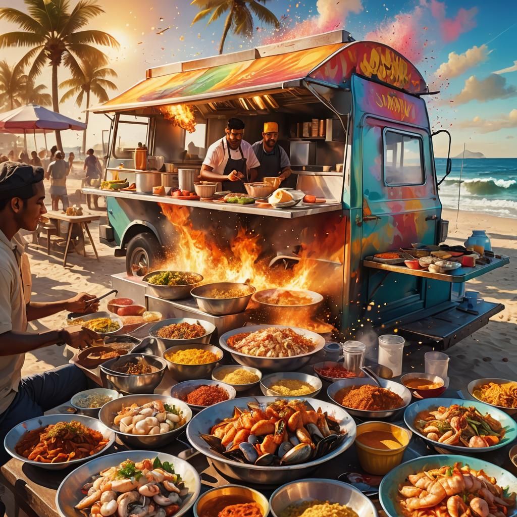 Food Truck Beach Scene in Vibrant Digital Art