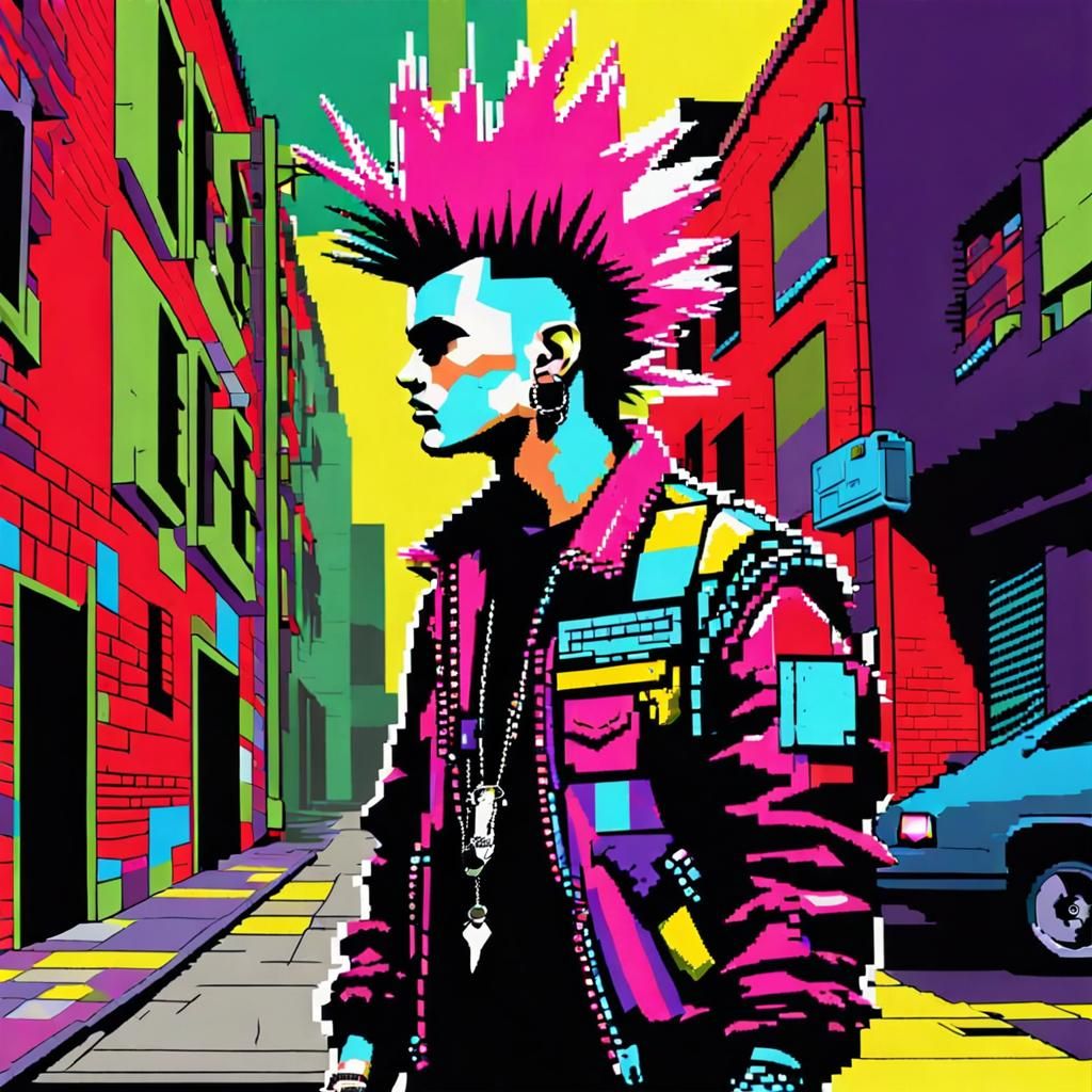 Pixelated 80s Punk in Urban Alleyway: Pop Art