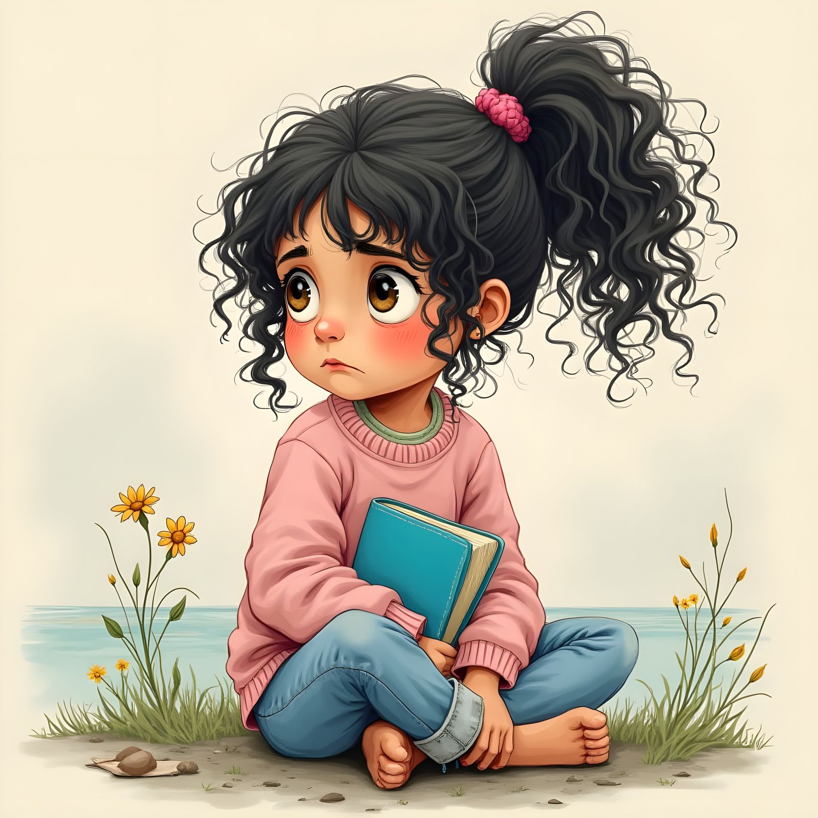 Whimsical Girl Sitting by a Riverbank in Hand-Drawn Style