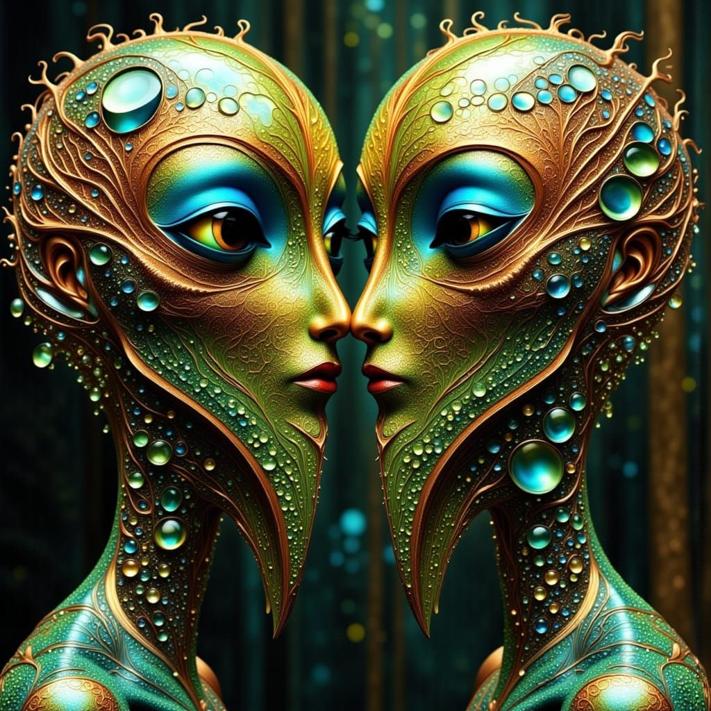 Alien Bird-Beaked Faces in Surreal Botanical Mosaic