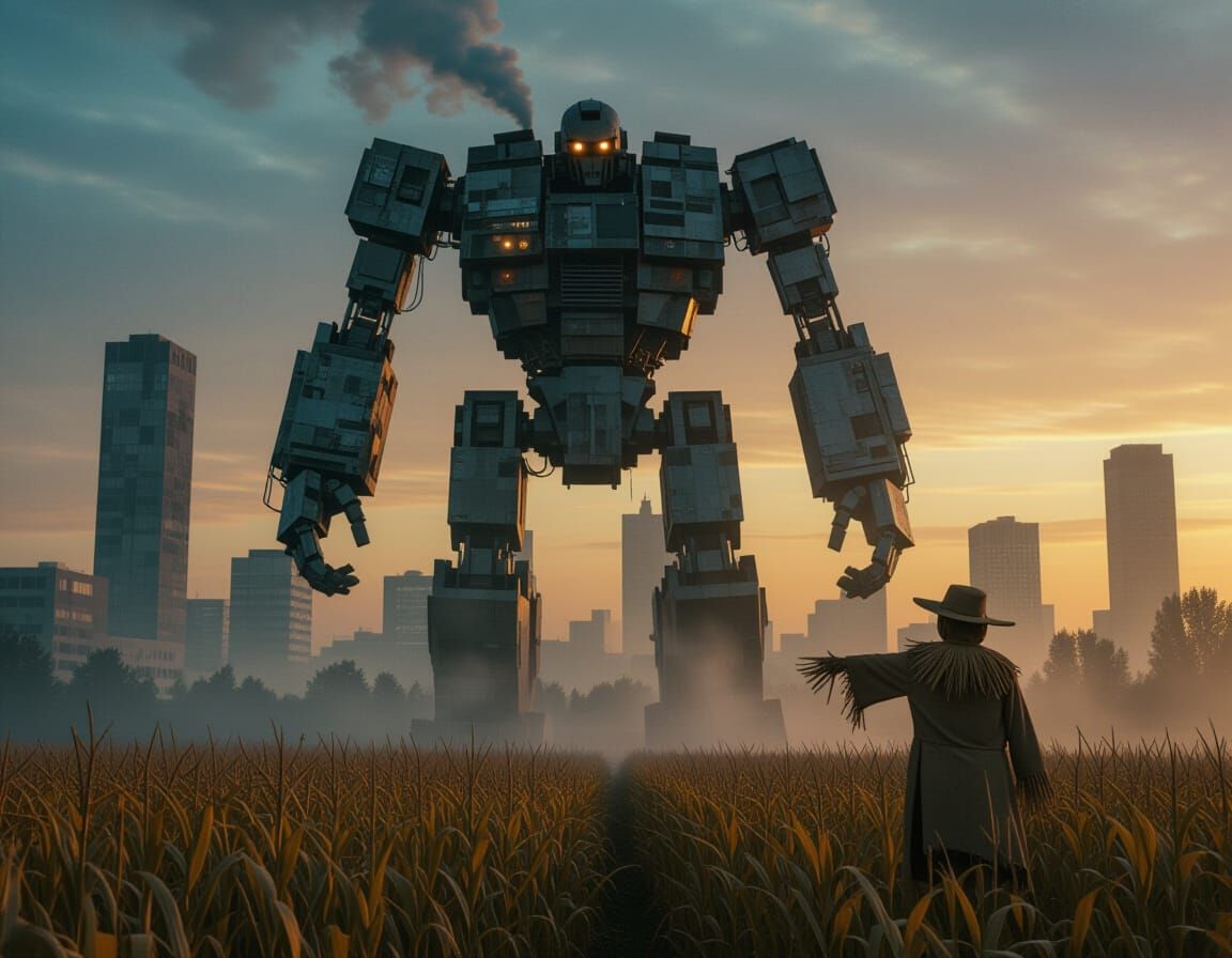 Colossal Robot Rises Over Polluted Brutalist City