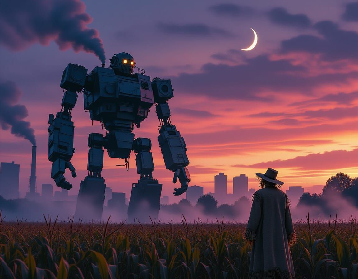 Colossal Scrap Robot in Polluted Cityscape