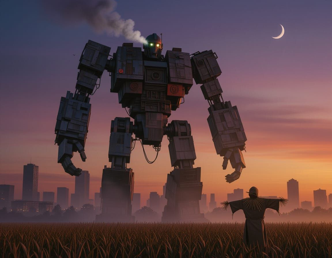 Colossal Robot Rises Over Polluted City
