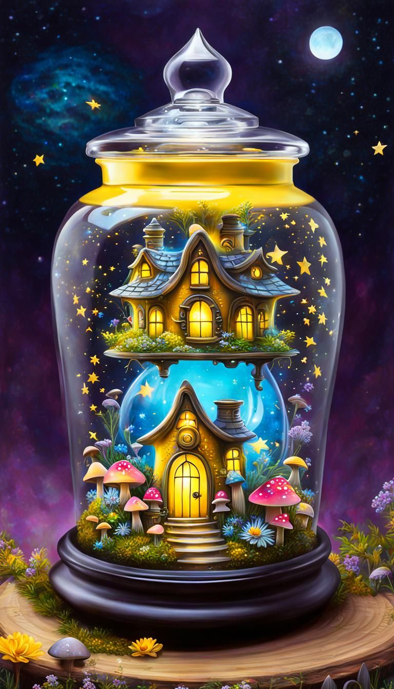 Yellow Fairy House in Embossed Glass Jar