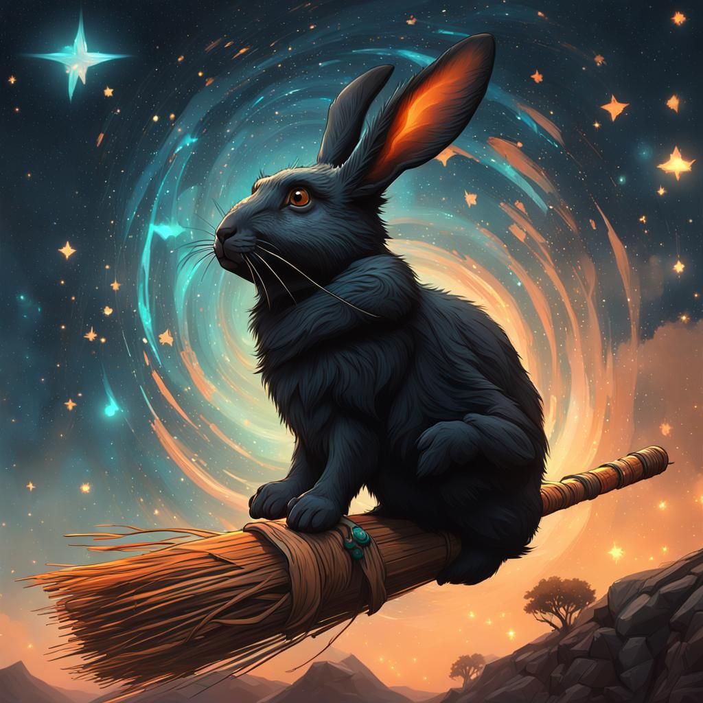 Black rabbit familiar flying on a broom