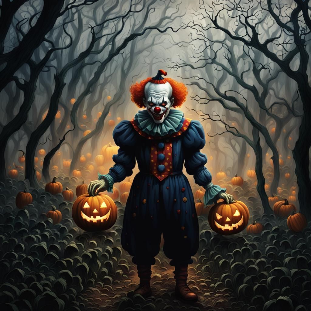 Eerie Clown in Pumpkin Patch: Cinematic Dark Art
