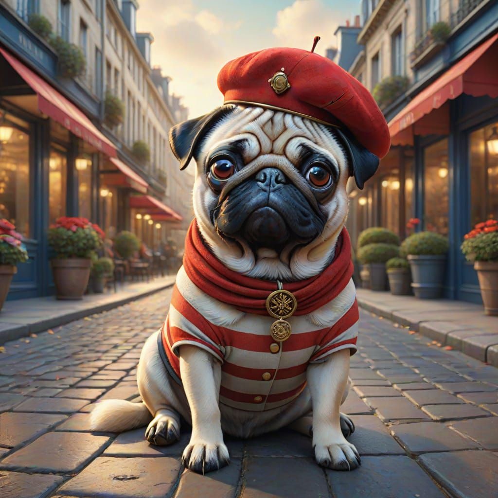 Pixar-Inspired Pug Dog in Parisian Attire, Concept Art